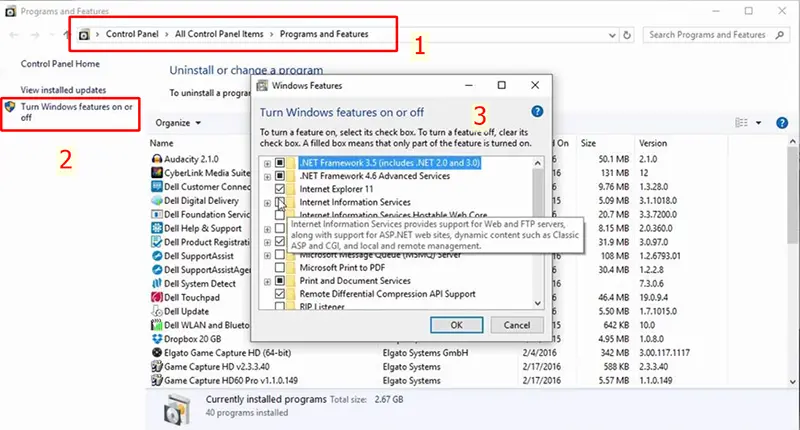 Khi vào được Programs and Features (1), các bạn bấm vào liên kết Turn Windows features on or off (2) để bật hộp thoại số (3) như hình dưới.