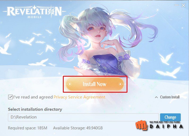 Chọn "Install Now" để tiến hành quá trình cài đặt Revelation: Thiên Dụ